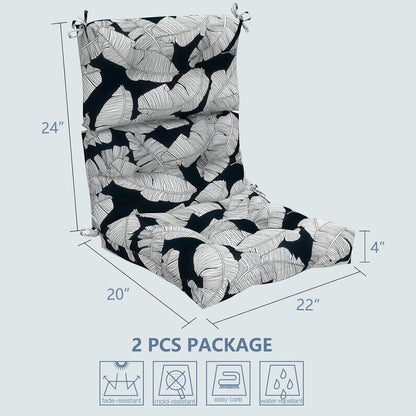 LVTXIII Outdoor Seat/Back Chair Cushion Patio Tufted High Back Cushion, Seasonal Replacement Rocking Chair Cushion with Ties (44” L x 22W”, Set of 2, Black Lush Leaf)