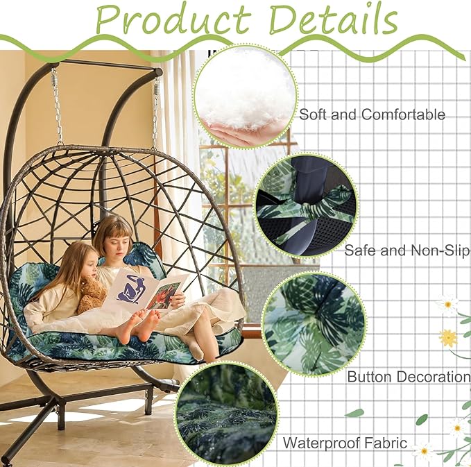 Swing Replacement Cushions with Backrest, 2 or 3 Seater Waterproof Non-Slip Overstuffed Swing Pad, Indoor/Outdoor Bench Cushion for Porch Chair Swing Garden Furniture (Leaves, 40 * 70.8 in)