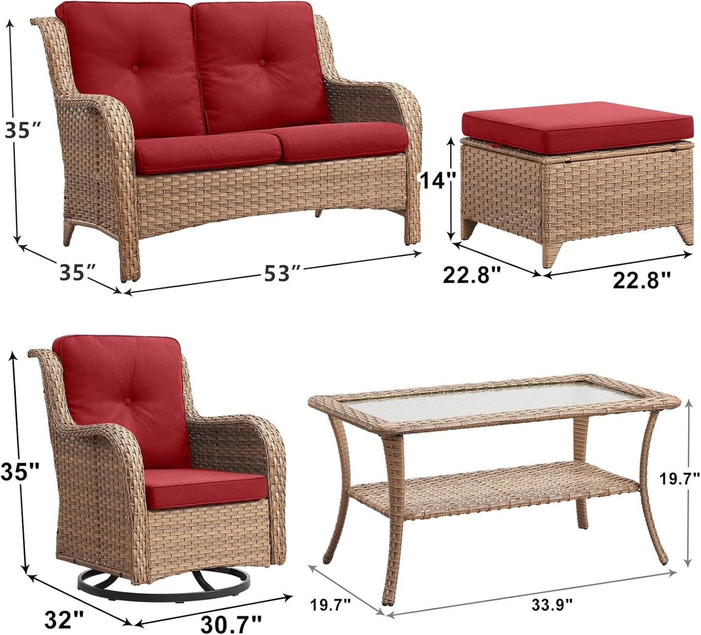 Outdoor Wicker Patio Furniture Set - 6 Piece Rattan Patio Conversation Set with 2 Rocking Swivel Chairs,2 Ottomans,1 Loveseat and 1 Coffee Table for Porch Deck Backyard Garden(Yellow/Red)