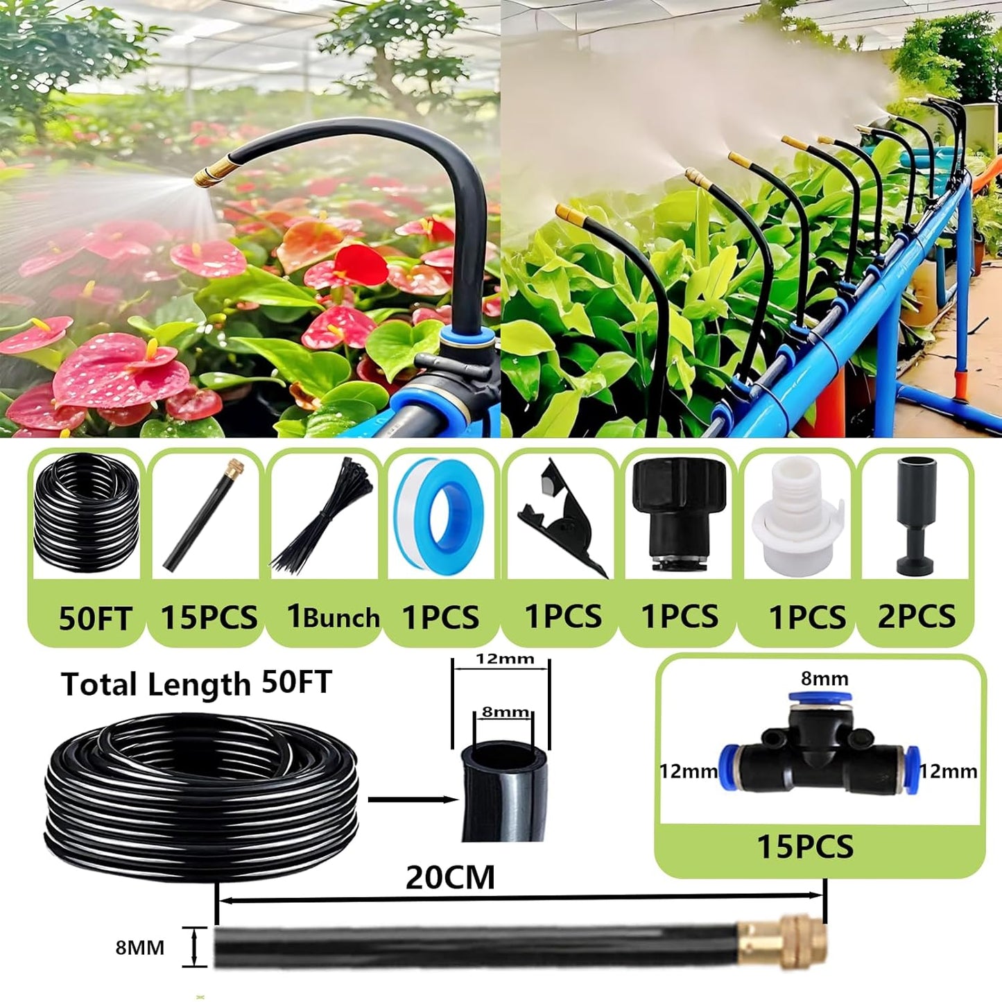Drip Irrigation Kit Automatic Watering System for Potted Plants, 360 Degree Adjustable Copper Micro Sprinklers, Quick Connect Tubing Fittings for Garden, Lawn, Patio, Balcony(15 Nozzles Ⅱ)