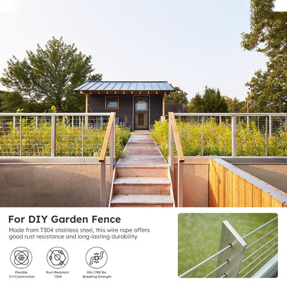 1/8 Inch Stainless Steel Cable Kit 100FT, 7 x 7 Strand Wire Rope with Aluminium Sleeves & Thimbles for Deck Railing, String Light Hanging, Shade Sail, Garden and DIY Projects