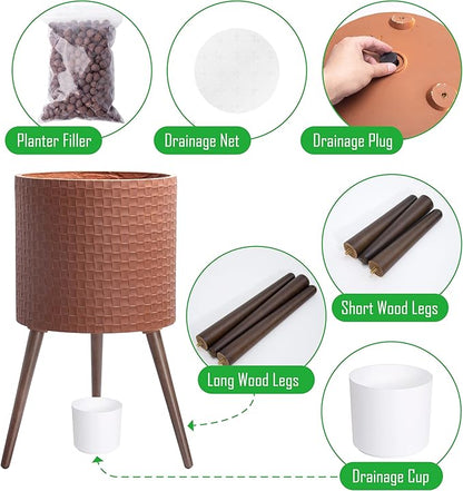 D'vine Dev 16 Inch Modern Geometric Tile Patterned Sleek Planter Pot with Stand, Indoor Outdoor Decorative Plant Holder, Terra Cotta, 88-Z-E-3