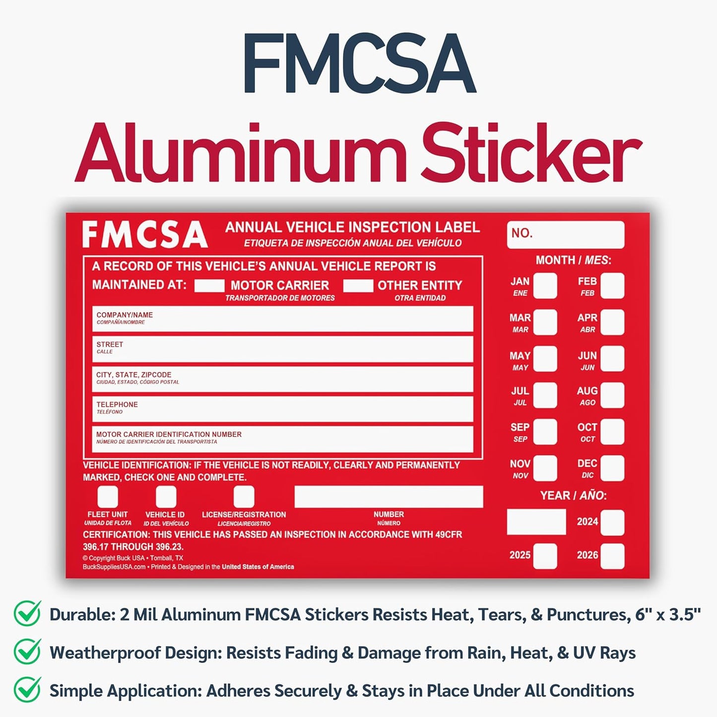 25 Pack Buck Aluminum Annual Vehicle Inspection Label with Punch Boxes, 2 Mil Red FMCSA Self Adhesive Sticker, DOT Compliant, Weatherproof, Tear Resistant, Easy to Write On, 6" x 3.5" - Made in USA