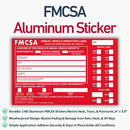 25 Pack Buck Aluminum Annual Vehicle Inspection Label with Punch Boxes, 2 Mil Red FMCSA Self Adhesive Sticker, DOT Compliant, Weatherproof, Tear Resistant, Easy to Write On, 6" x 3.5" - Made in USA