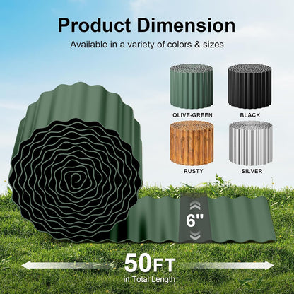 Land Guard Corrugated Metal Garden Edging, 6"×50Ft Steel Landscape Edging, Corrugated Metal Yard Edging Borders, Steel Edging for Landscaping, Garden Fence, Lawn, Flower Bed (Olive-Green)