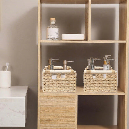 Handmade Water Hyacinth Woven Storage Baskets with Wooden Handles, Rectangle Rustic Organizer Set for Home Decor, Kitchen, Bedroom & Office (Small)