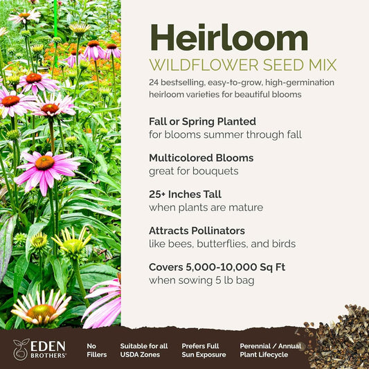 Eden Brothers Heirloom Flower Mixed Seeds for Planting, 5 lb, 2,400,000+ Seeds with Zinnia, Toadflax, Evening Primrose | Attracts Pollinators, Plant in Spring or Fall, Zones 3, 4, 5, 6, 7, 8, 9, 10