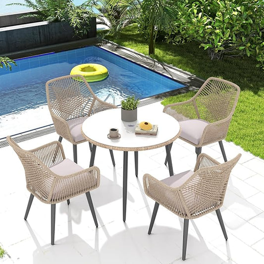 Patiorama 5-Piece Patio Dining Set, Outdoor Dining Table Chair Set, All-Weather Twisted Rattan Wicker Rope Conversation Set, Patio Furniture Set w/Umbrella Hole,Cushioned Chairs&Table(Tan&Cross Back)