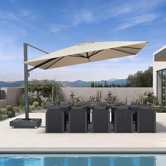 PURPLE LEAF 13' X 10' Rectangle Patio Umbrella Large Outdoor Aluminum Offset Umbrella with 360-degree Rotation Cantilever Umbrella with Base Included for Garden Deck Backyard Pool Beige