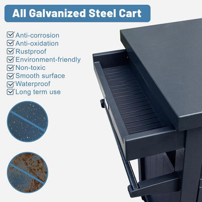 Grill Cart Outdoor with Storage Cabinet, Portable Rolling Patio Bar Cart with Wheels, BBQ Prep Table, Movable Stainless Steel Kitchen Island Dining Cart for Food/Drink/Cooking -Grey