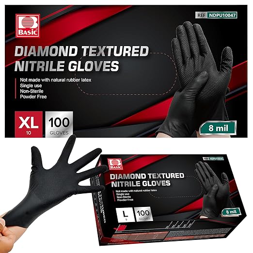 Jointown Basic Heavy Duty Nitrile Gloves, Mechanic Gloves 8 Mil Nitrile Disposable, with Raised Diamond Texture, Case of 1000, Black, XLarge
