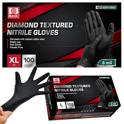 Jointown Basic Heavy Duty Nitrile Gloves, Mechanic Gloves 8 Mil Nitrile Disposable, with Raised Diamond Texture, Case of 100, Black, Large
