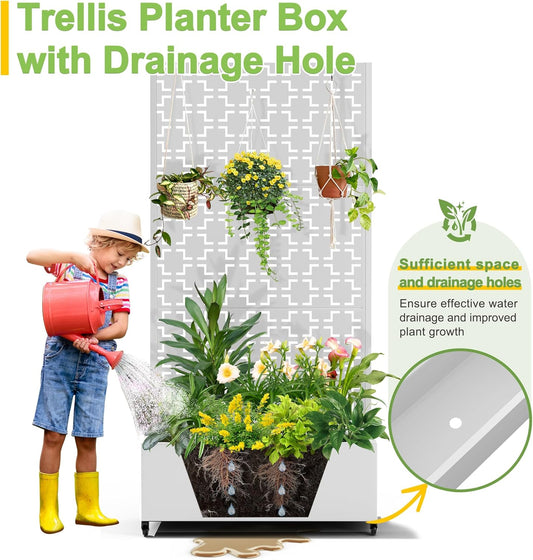 FENCY Metal Raised Garden Bed with Wheels and Trellis,73"x35"x16" Planter Box for Climbing Plants, Vegetables & Vines, Features Privacy Screen and Drainage Holes (White-Square)