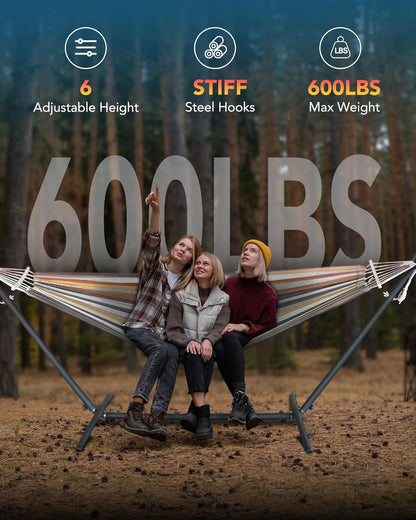 Double Hammock with Space-Saving Steel Stand, 2 Person Heavy-Duty Hammock for Garden, Yard or Outdoor, 600lbs Capacity, Coffee