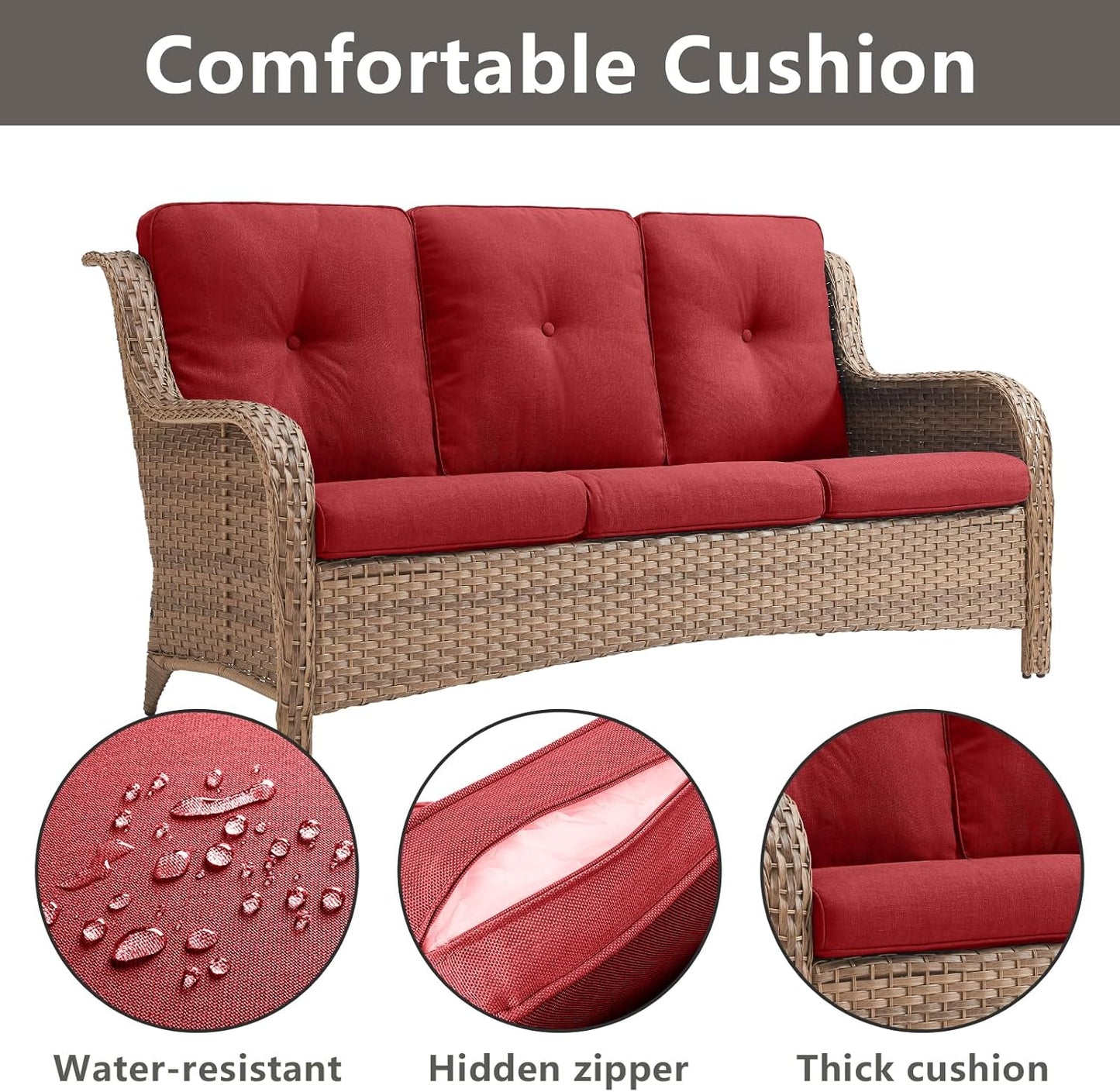 Outdoor Wicker Patio Furniture Set - 5 Piece Rattan Patio Conversation Set with 2 Rocking Swivel Chairs,2 Ottomans and 1 Sofa for Porch Deck Backyard Garden(Yellow/Red)