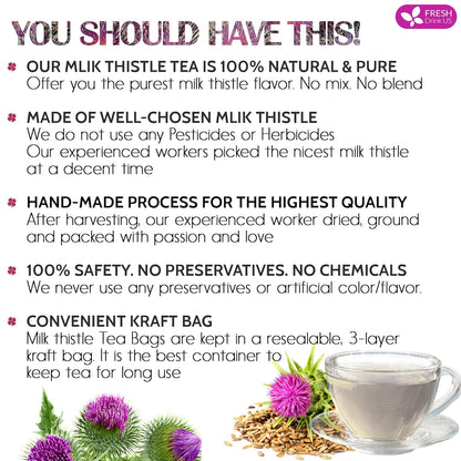 FreshDrinkUS, Premium 30 Milk Thistle Tea Bags, 100% Natural & Pure from Milk Thistle Seeds. Milk Thistle Seed Herbal Tea. Made with Natural Material Tea Bags. No Sugar, No Caffeine, No Gluten, Vegan.