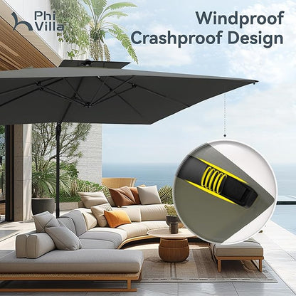 PHI VILLA 10'x 13' Cantilever Patio Umbrella, Outdoor Rectangle Large Umbrellas with Hydraulic Lift and 360°Rotation, Grey