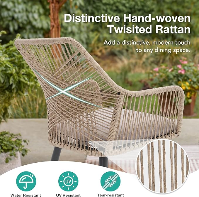 Patiorama 5-Piece Patio Dining Set, Outdoor Dining Table Chair Set, All-Weather Twisted Rattan Wicker Rope Conversation Set, Patio Furniture Set w/Umbrella Hole,Cushioned Chairs&Table(Tan&Cross Back)