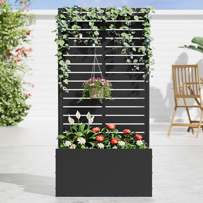 Casaphoria Metal Raised Garden Bed, 47"x24"x12" Planter Box for Climbing Plants, Vegetables & Vines, Features Drainage Holes and Privacy Screen (Black-Louvered)