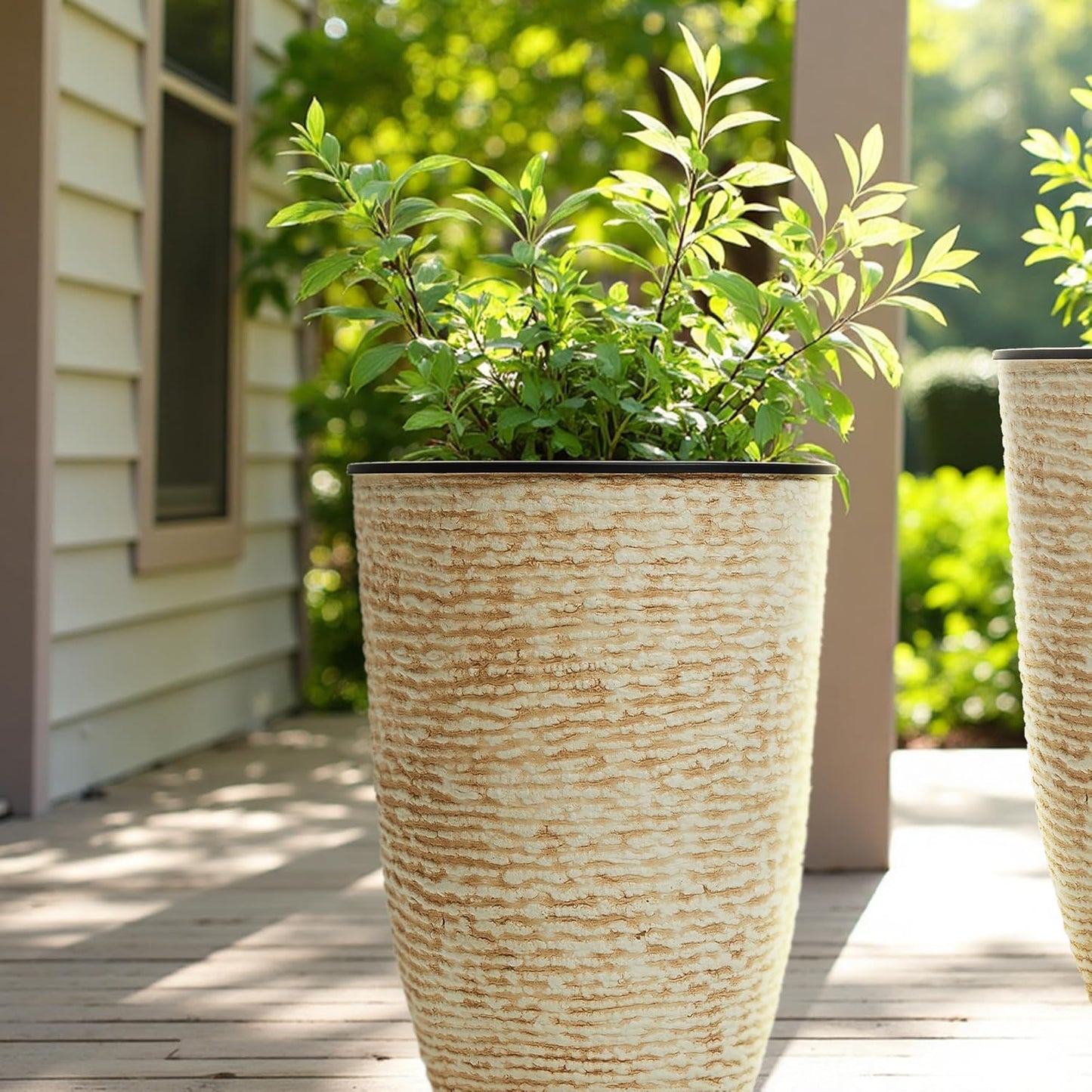 WORTH Garden 2-Pack 21" H. Beige Tall Planters with Inside Pots - 14'' Dia Plastic Large Round Plant Tree Pots - Decorative Imitation Stone Finish for Indoor Outdoor Front Porch Container Patio