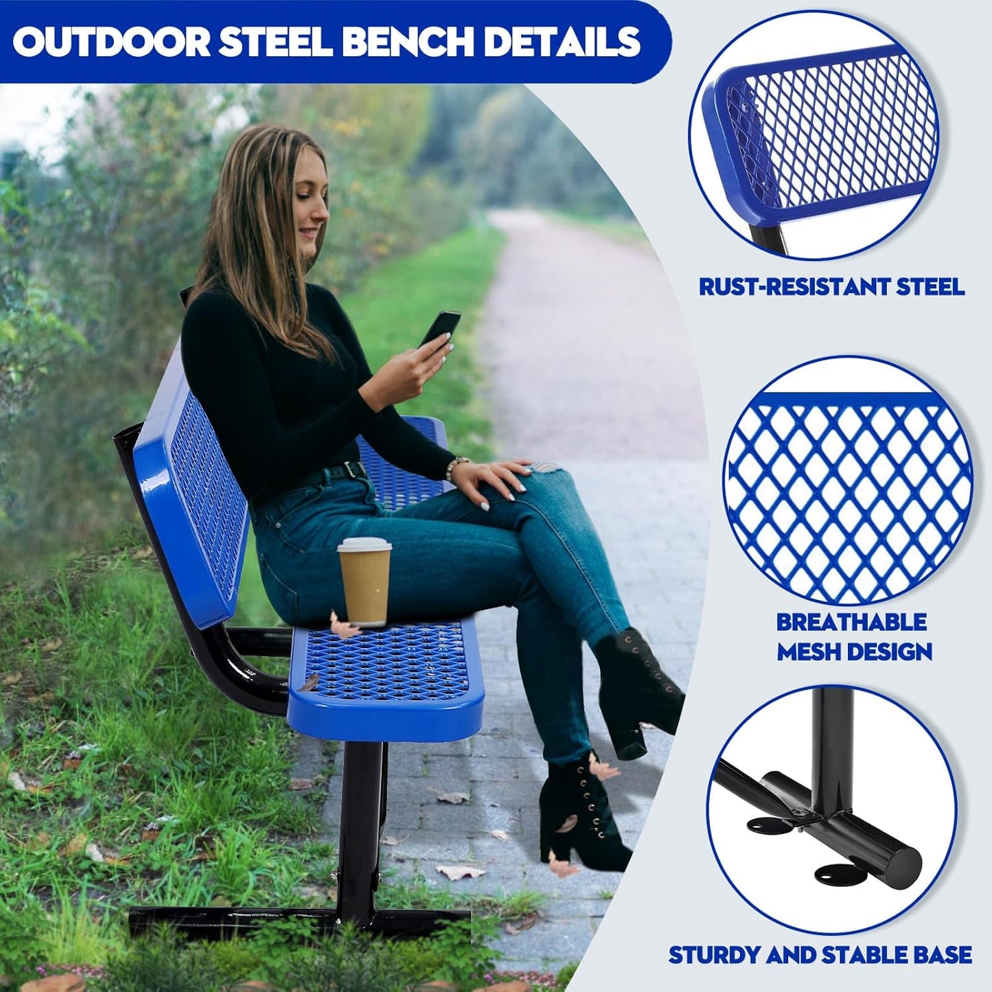 Heavy Duty Park Bench with Back Portable Frame, Outdoor Metal Park Bench with Backrest, Steel Mesh Outdoor Bench for Garden, Lawn, Patio, Porch, Park, Yard (Blue, 72.4" L x 23.2" W x 32.5" H)
