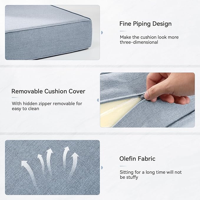 Luxury 6" Outdoor Cushions for Patio Furniture, 24x24x6" Thick Seat Cushion Set of 5, Fade Resistant Couch Chair Replacement Cushions High Density Wicker Chair Cushion w/ Removable Cover Baby Blue