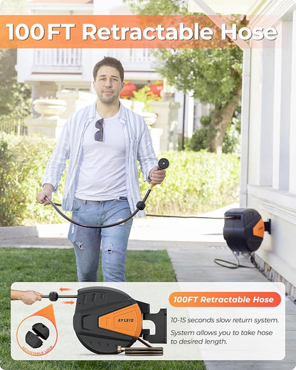 Ayleid Retractable Garden Hose Reel,5/8 in x 100 FT Wall Mounted Hose Reel, with 9- Function Sprayer Nozzle, Any Length Lock/Slow Return System/Wall Mounted/180°Swivel Bracket (Black)