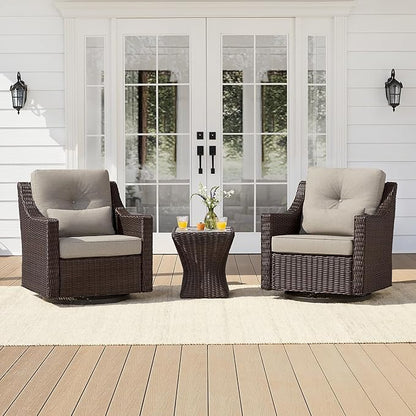 CHITA 3 Pieces Wicker Patio Bistro Set, Outdoor Furniture Set with 2 Pieces Rattan Rocking Swivel Chairs, Thickened Cushions and Side Table