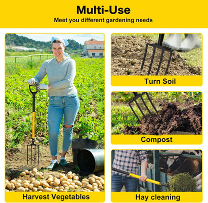 Pitch Fork, 4 Tine Heavy Duty Garden Fork with Ergonomic No-Slip D-Grip Handles, 45 Inches Long Handle Spading Fork, Perfect for Gardening Digging, Land Management, Yard work, Farming (Black)