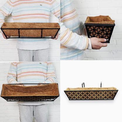 2 Set Deck Railing Planter Box 24" Black Metal Garden Trough Deck Planter English Horse Trough Window Box with Coco Liners