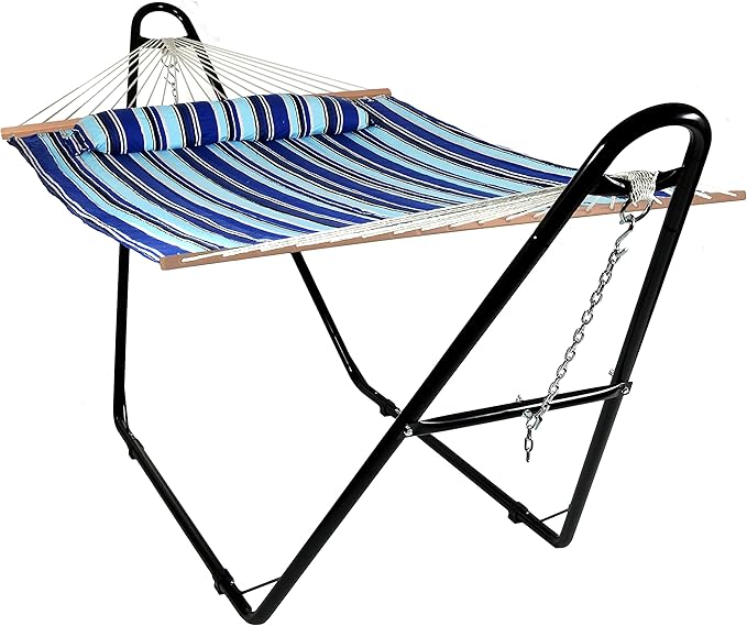 Sunnydaze Double Quilted Fabric Hammock with Universal Steel Stand - 450-Pound Capacity - Black Stand - Catalina Beach