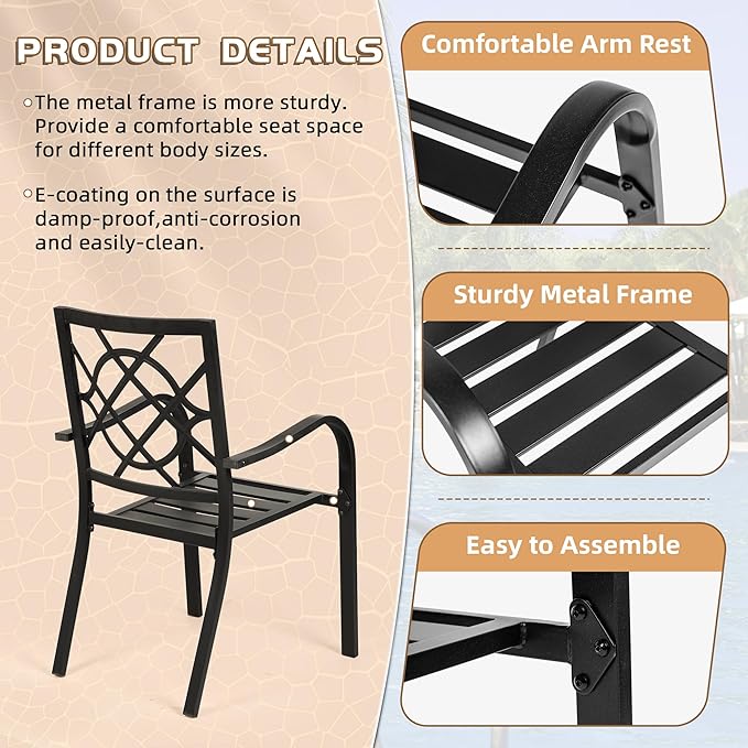 Incbruce 300lbs Patio Chairs Set of 2 Outdoor Dining Chairs, Metal Frame Stackable Patio Dining Chairs, Wrought Iron Black Outdoor Chairs with Armrest for Garden, Poolside, Backyard