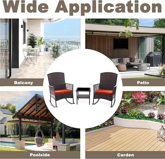 DECMICO Outdoor Rattan Wicker Rocking Chair 3 Pieces Patio Conversation Furniture Bistro Sets with Side Table and Cushions for Porch Garden and Balcony