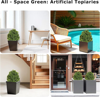 27“ Realistic Artificial Boxwood Topiary Trees Set of 2, Faux Boxwood Plants Outdoor UV-Resistant, No Maintenance Curb Appeal Fake Evergreen Bushes & Shrubs for Front Porch Outside Planter Decor