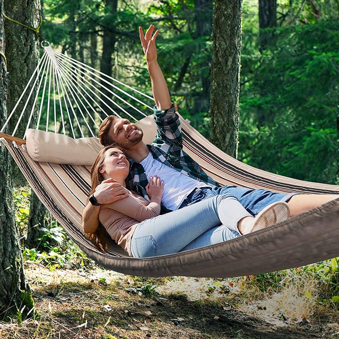 Double Hammock, 11 FT Quilted Fabric 2 Person Hammock for Outside with Pillow, Folding Curved Spreader Bar, Chains, Carrying Bag, Indoor Outdoor, 450 IB Capacity, Havana Brown