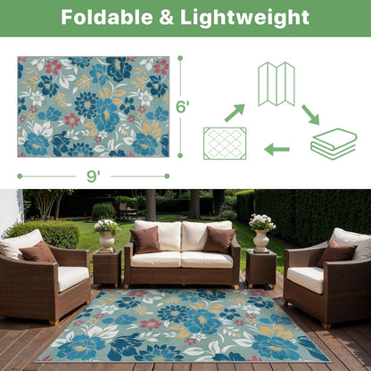 GENIMO Indoor Outdoor Area Rug 6' X 9' Waterproof, Washable Patio Rug Non Shedding, Easy Cleaning Floral Outdoor Carpet for Living Room, Bedroom, Dining Room, Balcony, Backyard, Deck, RV, Blue Grey