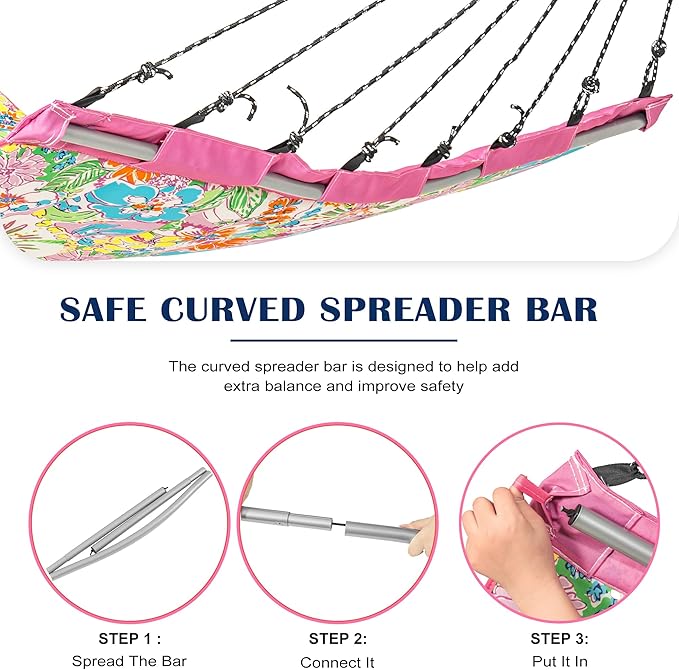 Lazy Daze Hammocks 12 FT Quilted Fabric Hammock with Curved Aluminium Spreader Bar, Outside Double Thickened Hammock with Soft Pillow, Side Pocket 450 Lbs Capacity for Patio, Poolside, Floral