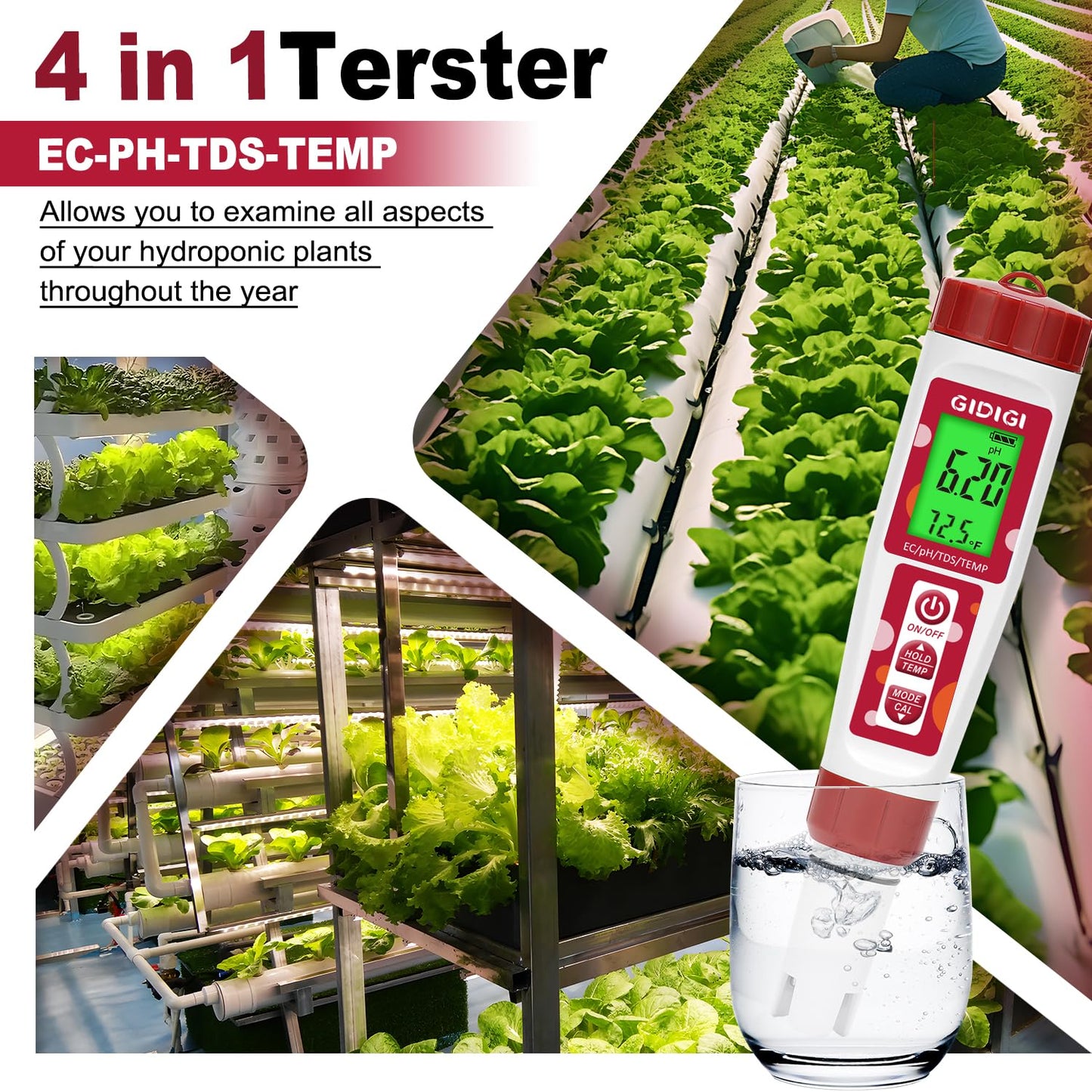 pH Tester,Digital pH Meter for Water,TDS Meter for Drinking Water with pH Calibration Solution 4 in 1 TDS pH EC Meter for Nutrients Water,Aquarium,Drinking Water,Tap Water,Irrigation Water