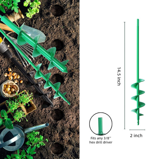 Auger Drill Bit for Planting 2x14.5'', Ground Soil Spiral Bit for 3/8" Hex Drive, Yard Auger for Bulbs, Hole Digger, Umbrella Holes, Bedding Digging Planter Tool