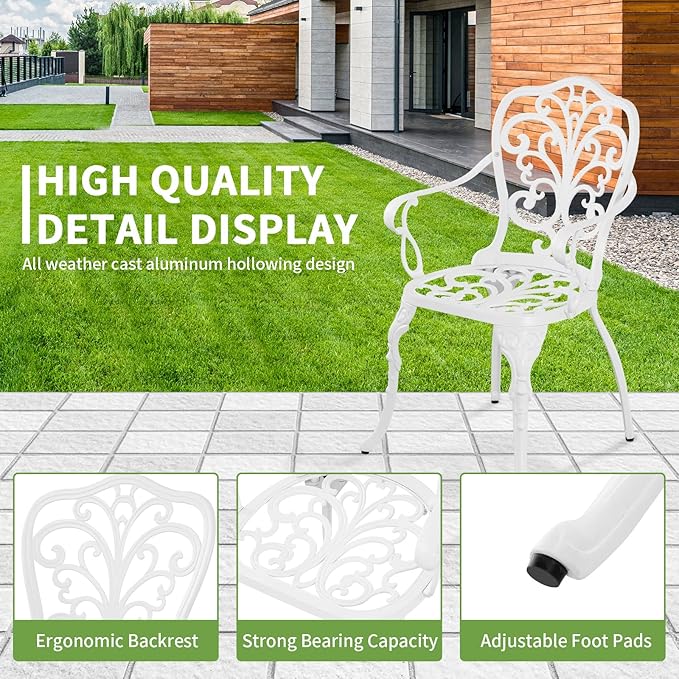 Patio Bistro Sets 3 Piece,Cast Aluminum Bistro Table and Chairs Set of 2 with 1.97" Umbrella Hole,All Weather Bistro Table Set Outdoor Patio Furniture for Garden,Yard(Butterfly White)