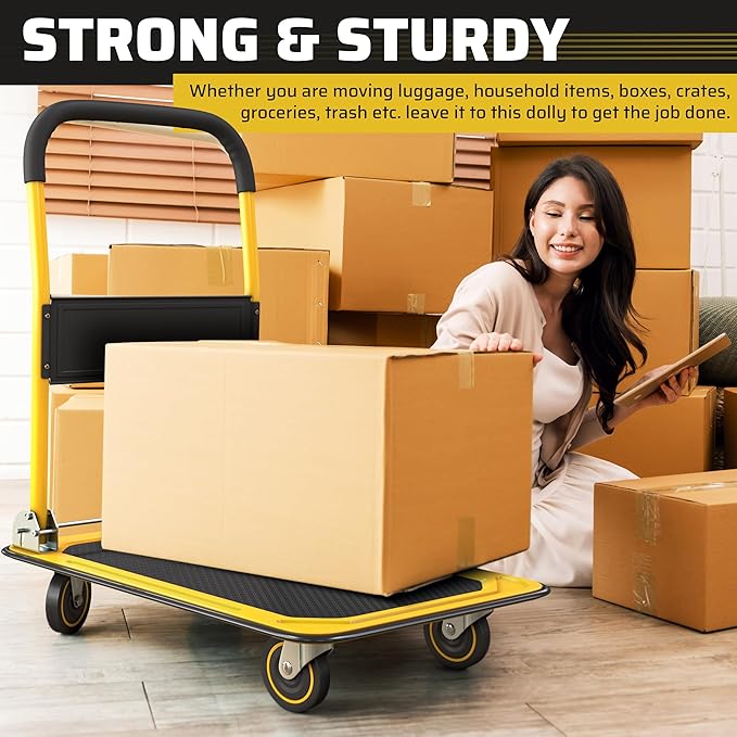 Heavy Duty Foldable Push Cart Dolly | 330 lbs. Capacity | Upgraded Collapsible Hand Truck Folding Platform with Swivel Wheels | Flat Bed Moving Wagon | Space Saving Push Handle (Yellow)