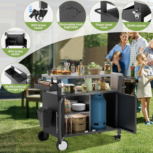 Outdoor Grill Cart with Patio Furniture, Outdoor Grill Table with Storage,Rolling Bar Cart Outdoor BBQ Cart with Hooks and Spice Rack for Grilling Accessories(Double Door, Black)