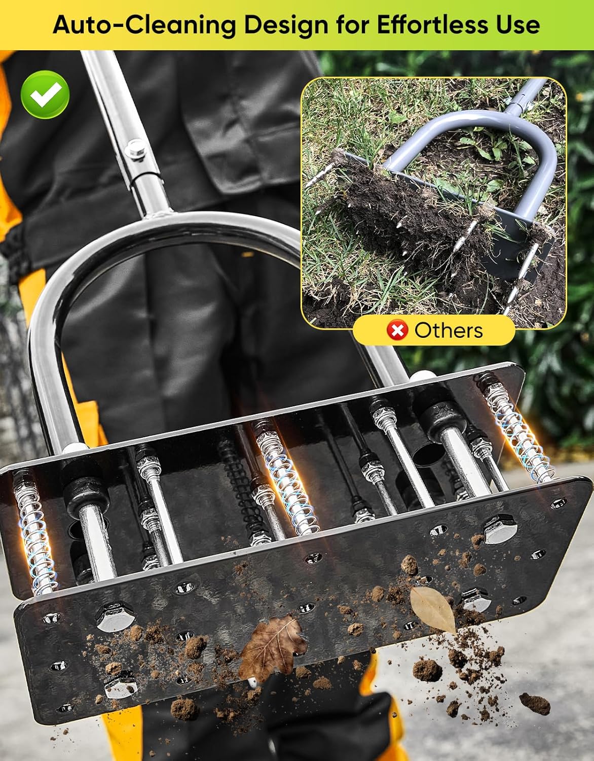 Lawn Aerator Tool, Manual Metal Spike Aerator Lawn Tool with Spring Base, Automatic Leaf and Dirt Cleaning, Grass Aerator for Lawn Care, Soil Loosening, Yard Aerating, Garden Tool