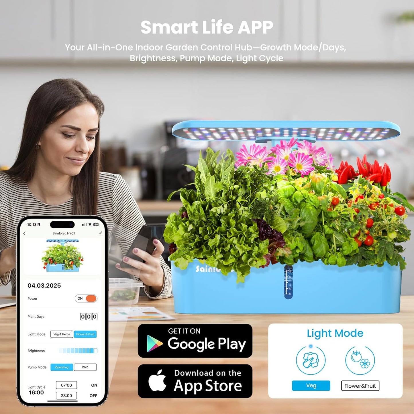 Sainlogic Hydroponics Growing System Kit, 12 Pods Watering Planter, Smart Indoor Garden with APP & WiFi Connected, 5 X Growth with 24W LED, Quiet Pump, for Vegetables, Herbs and Flowers