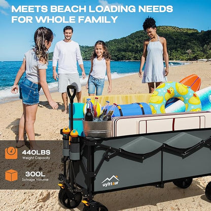 300L Extra Large Collapsible Foldable Wagon, 440lbs Load Capacity 48''L Extended Heavy Duty Folding Beach Wagon with Big All-Terrain Wheels, Utility Garden Cart for Outdoor Activities, Gray