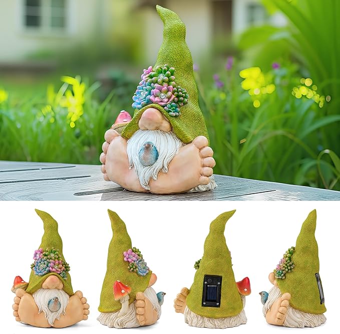 Solar Turtle Garden Statue with Bunny and LED Succulent Flowers – Outdoor Lawn Decor with Lights, Cute Animal Yard Ornament for Patio, Pathway, or Garden Gift (Gnome)