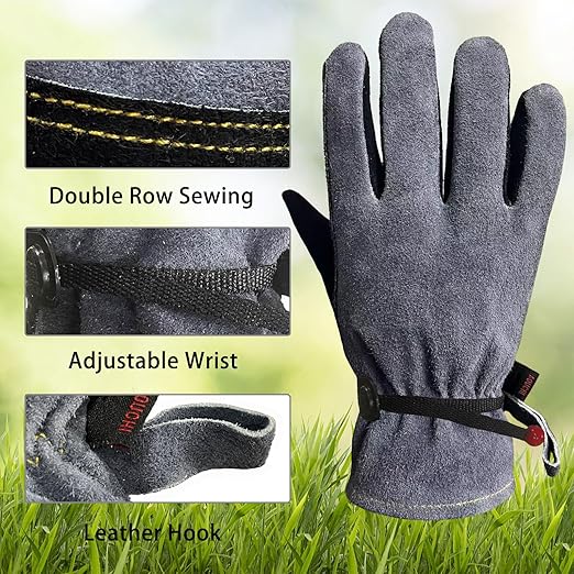 Leather Work Gloves for Women Men with Cotton Lining, Medium Thorn Proof Cactus Gardening Yard Work Gloves for Rose Pruning, TIG/MIG Welding, Construction, Driving (Black, Medium)