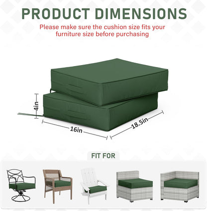 Patio Chair Cushions 18.5 X 16 X 4 Inch Waterproof Outdoor Seat Cushions for Patio Furniture, Outdoor Sofa Couch Pads with Ties & Handle, Set of 2, Green