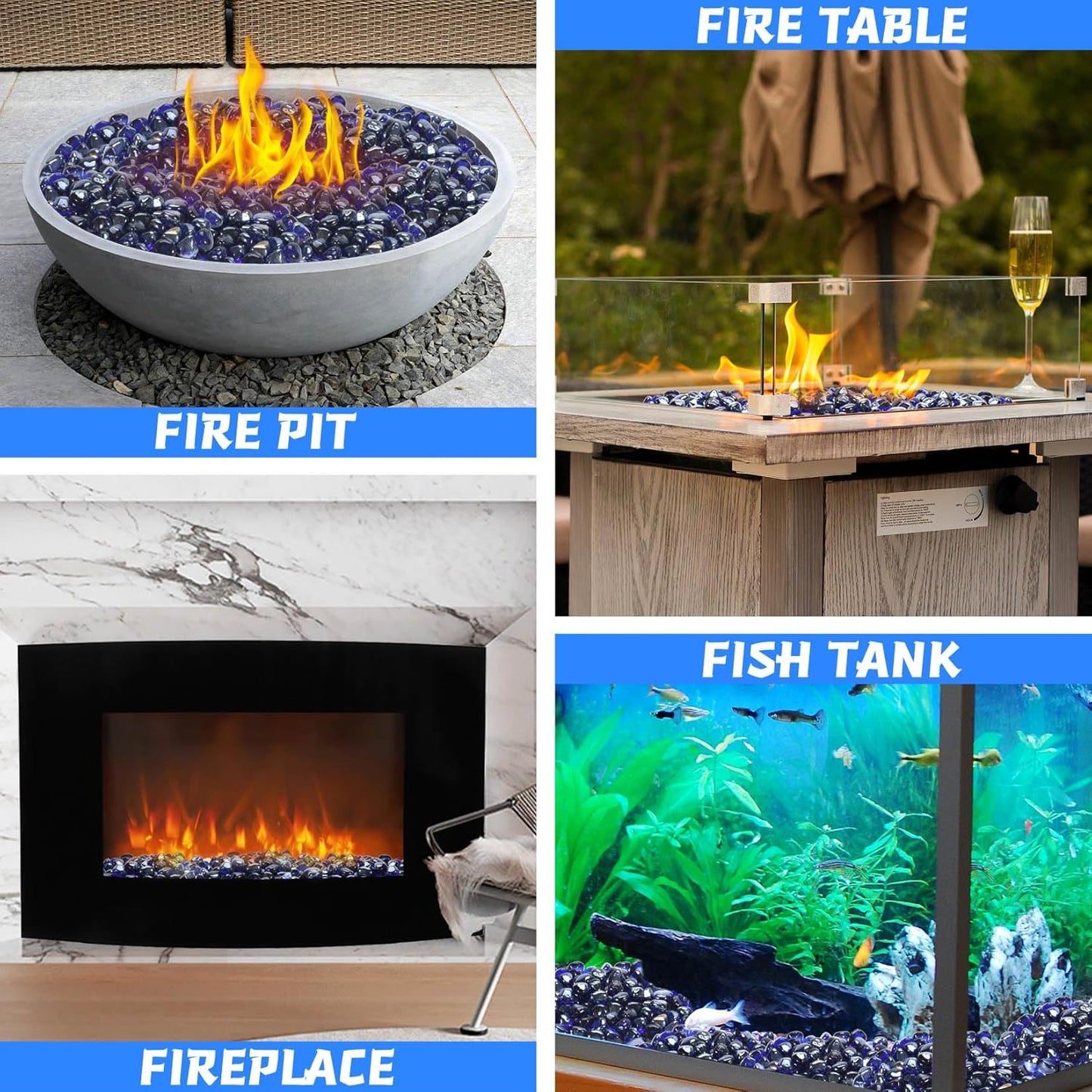Fire Glass for Propane Fire Pit, Fireplace and Outdoor Decoration, Cobalt Blue Firepit Rocks 20 Pounds, High Luster 1 Inch Diamond Glass Beads
