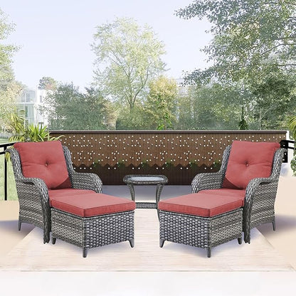 Rilyson Outdoor Patio Furniture Chairs Set - 5 Piece Wicker Rattan Patio Sectional Conversation Sets with 2 Armrest Chairs,2 Ottomans and Side Table for Porch Deck Balcony Garden(Mixed Grey/Red)